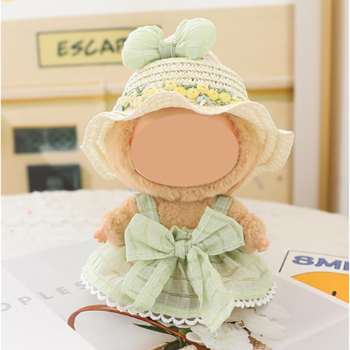 Fashion Outfit Set for 15-17 cm Collectible Figures - Green Dress, Straw Hat & Hair Clip, Figure Accessories Only