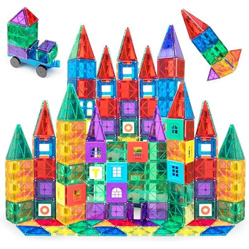 Playmags Magnetic Tiles for Kids 100-Piece Set, STEM Educational Building Blocks Toys for Kids, Includes Click-in ABC Learning Tiles, Gift for Boys &