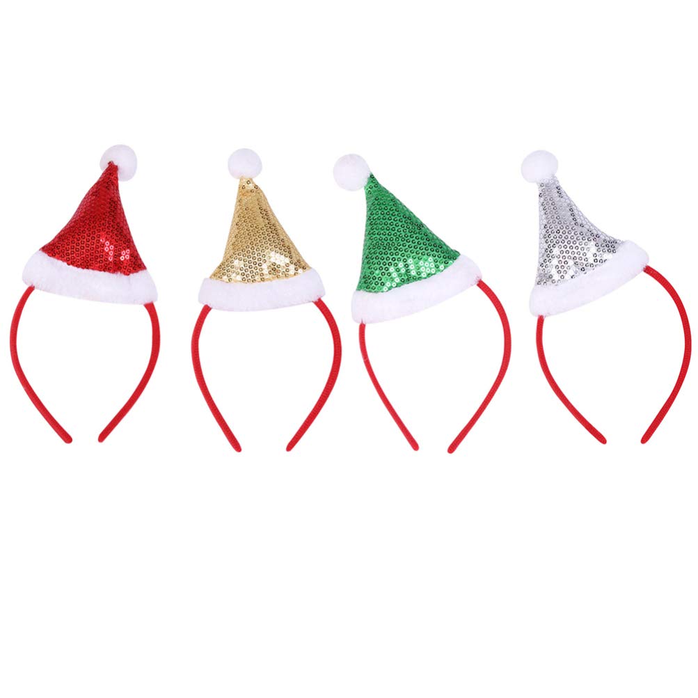 Amosfun Santa Hat Headband Christmas Headband with Mini Sequins Hat Novelty Hair Band for Xmas Holiday Party Supplies 4pcs