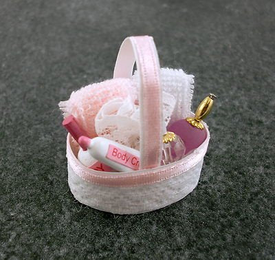 Dollhouse Miniature Pink Bath Accessory Basket