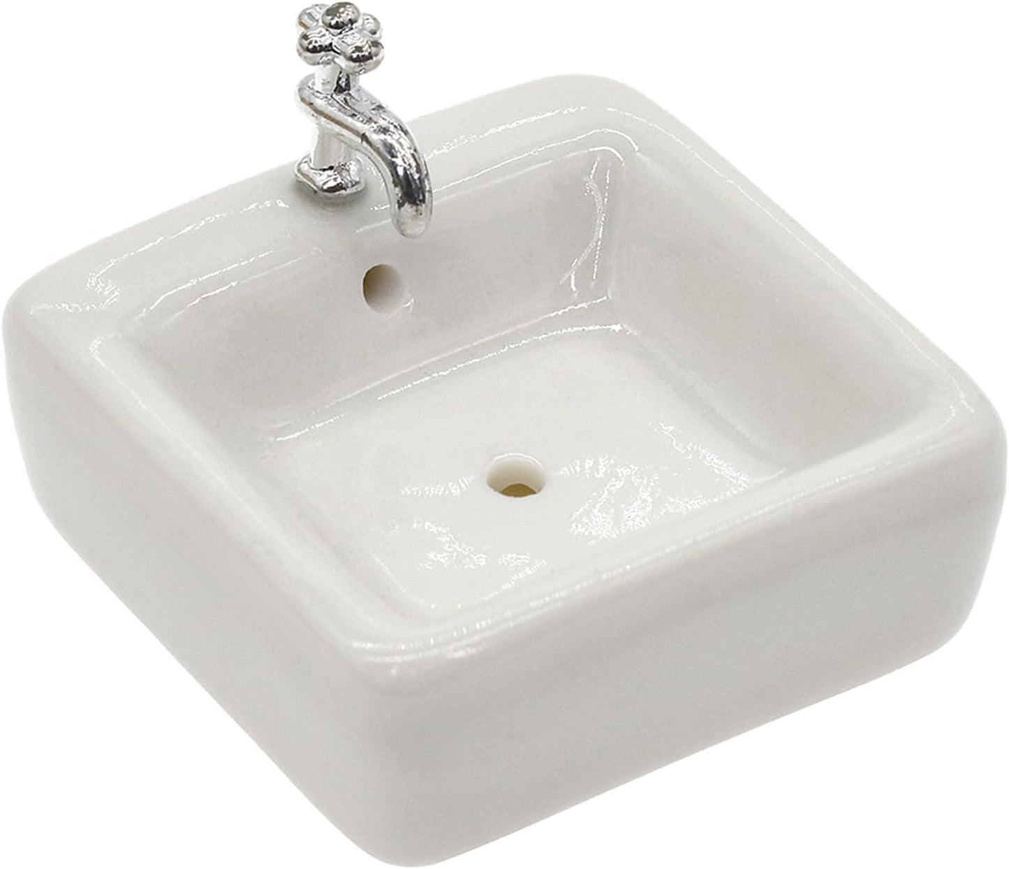1:12 Scale Ceramic Sink with Removable Faucet - Miniature Dollhouse Bathroom and Kitchen Accessories for Victorian Style Decor, Realistic Doll House