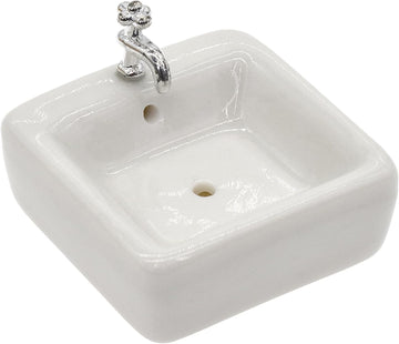 1:12 Scale Ceramic Sink with Removable Faucet - Miniature Dollhouse Bathroom and Kitchen Accessories for Victorian Style Decor, Realistic Doll House