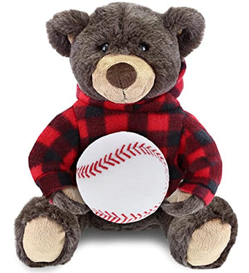 DolliBu Brown Bear Stuffed Animal with Baseball Plush - Soft Huggable Grizzly Bear, Adorable Playtime Teddy Bear Plush Toy, Cute Wild Life Sports Gift