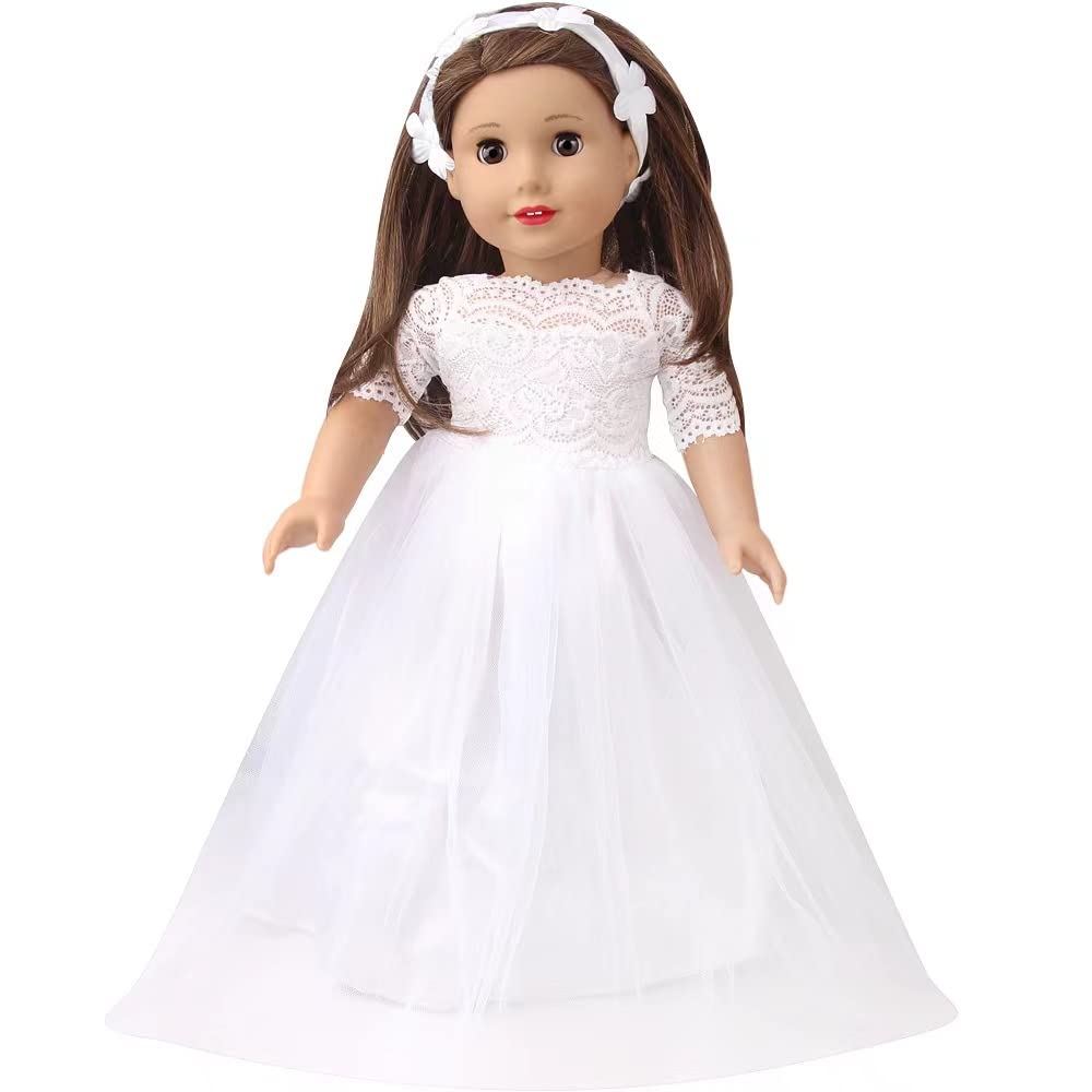 Little Angel - 18 Inch Doll Clothes: White Satin Communion / Wedding Dress with Matching Headband - Fits 18 Inch Doll