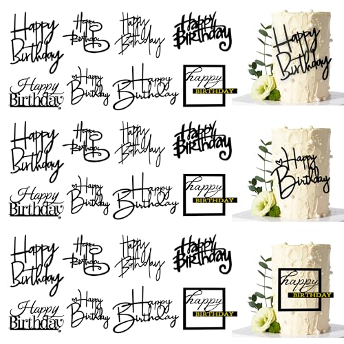 24 PCS Black Happy Birthday Cake Toppers Mirror Acrylic Side Cake Decorations 8 Styles