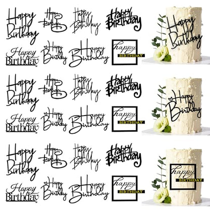 24 PCS Black Happy Birthday Cake Toppers Mirror Acrylic Side Cake Decorations 8 Styles