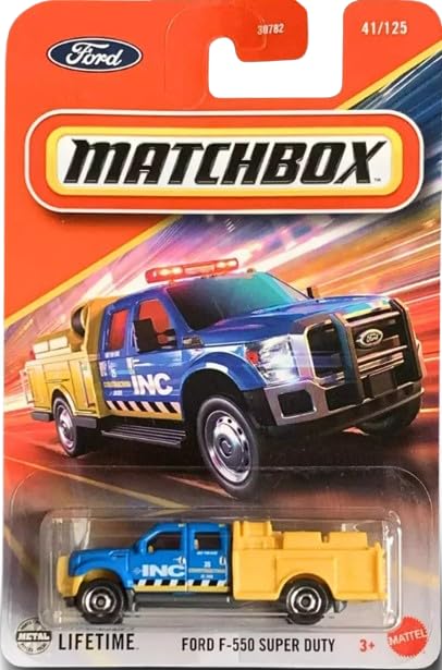 Matchbox Ford F-550 Super Duty Diecast Car, 1:64 Scale, Blue/Yellow, #41/125