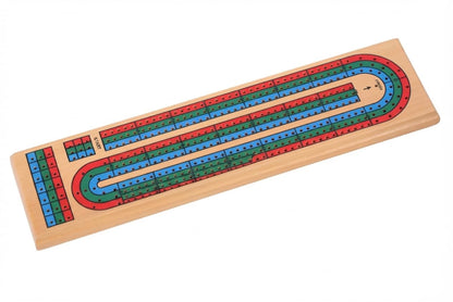 Wooden 3 Track Cribbage Board with 9 Matching Plastic Pegs, Classic Three-Player Cribbage Game Board with Screen Printed Red, Green and Blue Tracks