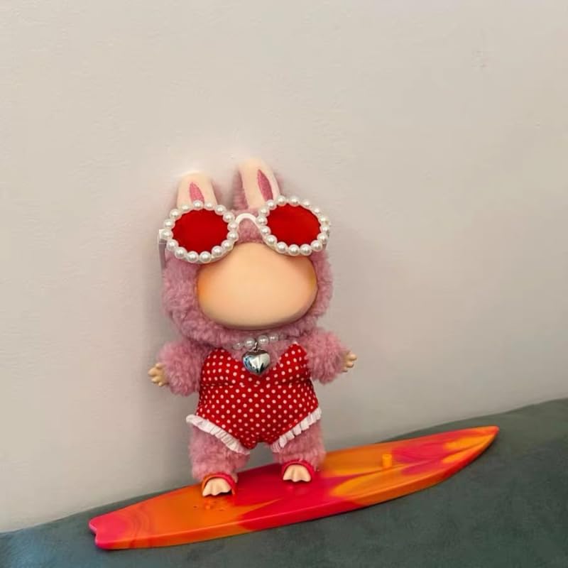 Clothes for Labubu 4-Piece Summer Swimwear Set - Quick-Dry Fabric with Swimsuit,Surfboard,Necklace & Sunglasses,Perfect for 17cm Dolls(No Doll) (Red)