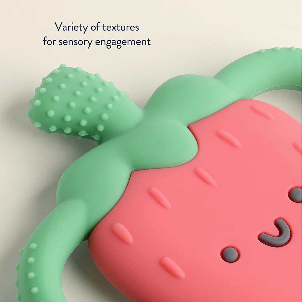 Itzy Ritzy Strawberry-Shaped Baby Teether with Handles - Silicone Teether for Babies with Easy-Grab Handles and Textured, Teethable Surfaces - Baby