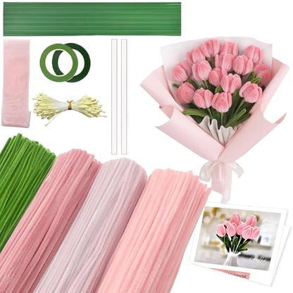 CllyCnny Pipe Cleaner Flower Craft Kit, 400 PCS Extra Thick 8mm Chenille Stems DIY Tulip Bouquet Making Set with Stamens, Floral Stems, Tape, Glue