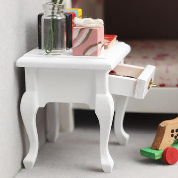 Miniature White Bedside Table with Drawer, 1:12 Scale Dollhouse Furniture, Victorian Style
