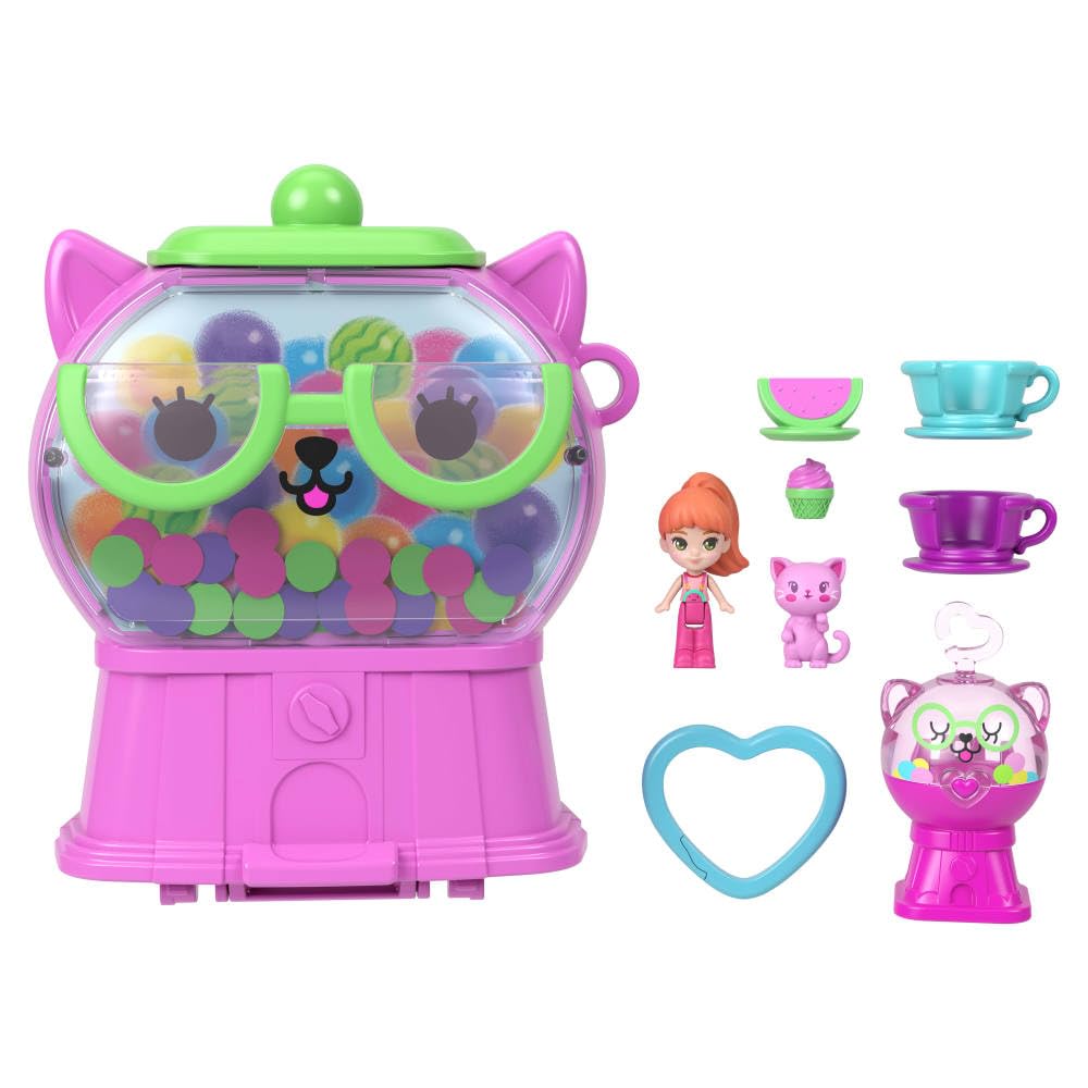 Polly Pocket JKC50 Watermelon Kitten Travel Toy Set with 1 Mini Figure, Animal, Cup Carousel, Rocking Swing and Accessories with Fruit Theme