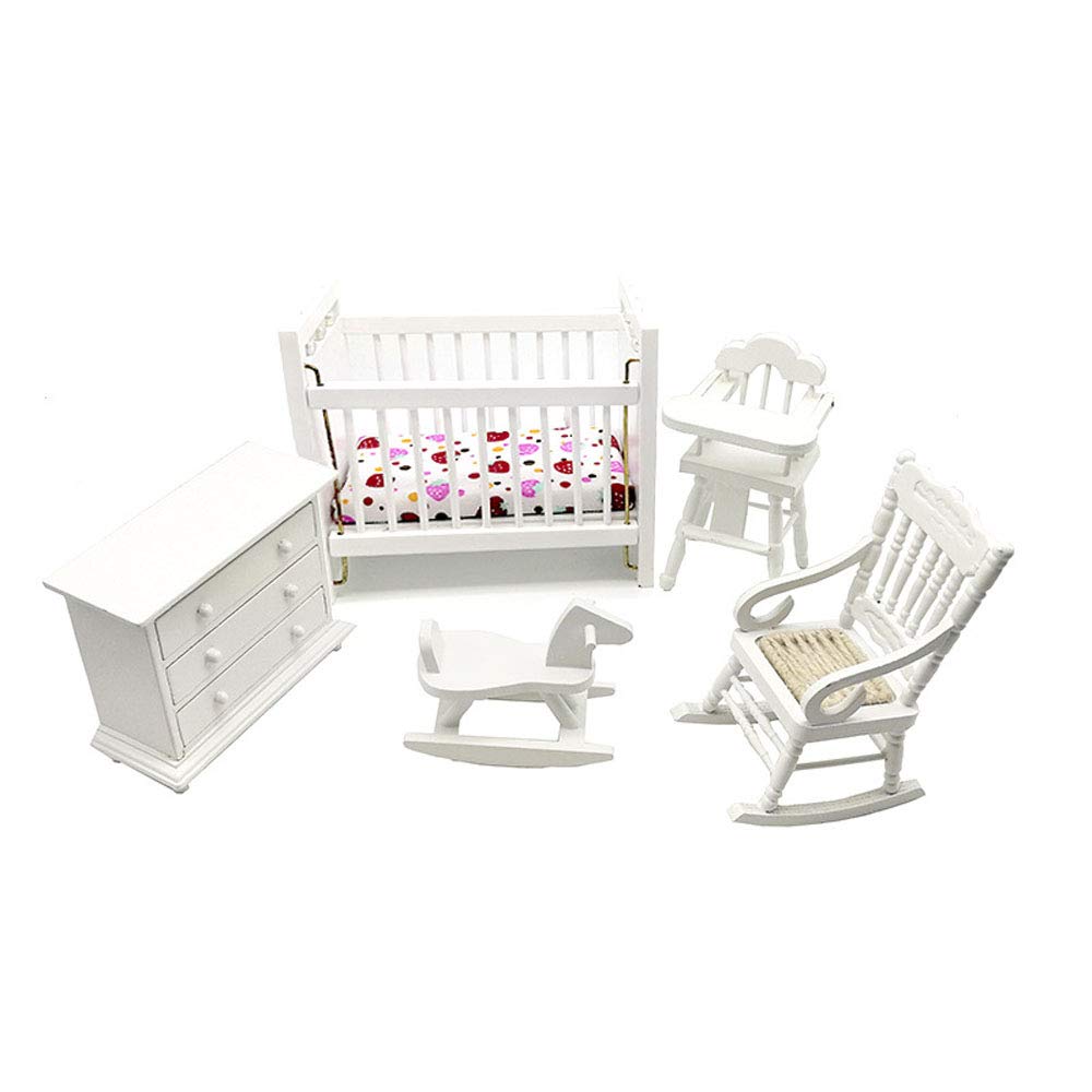 White Wooden Nursery Bedroom (5pcs) 1:12 Scale Dollhouse Furniture,Non-Toxic Paint