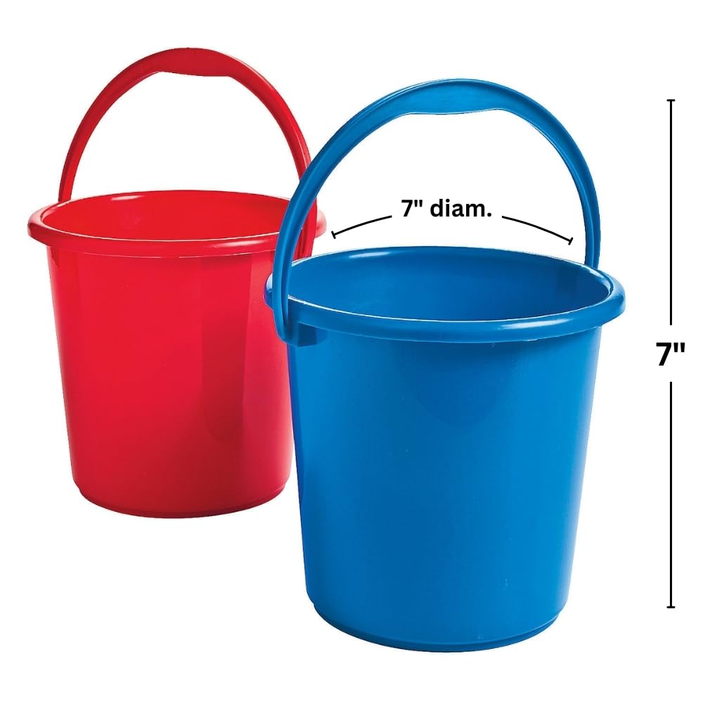 Fun Express Sand Toys for Toddlers 1-3 - Patriotic Red and Blue Plastic Buckets with Handles Set of 12 - Beach Toys for Kids Sand Castle Molds Beach