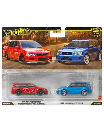 Hot Wheels Premium 2 Pack 2005 Mitsubishi Lancer Evolution IX Wagon / 2004 Subaru Forester STI Ride On Toy Mini Car Ages 3+ Red/Blue JHW46