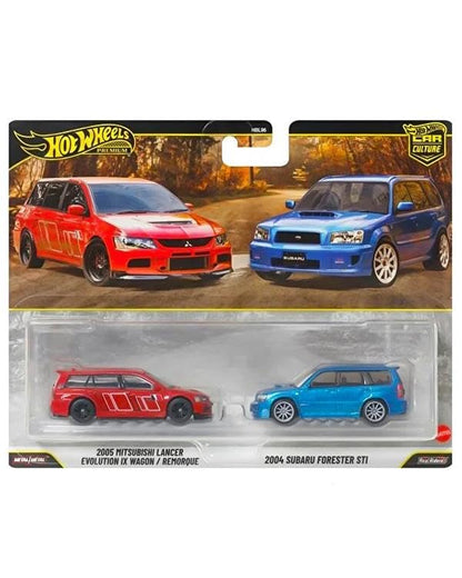 Hot Wheels Premium 2 Pack 2005 Mitsubishi Lancer Evolution IX Wagon / 2004 Subaru Forester STI Ride On Toy Mini Car Ages 3+ Red/Blue JHW46
