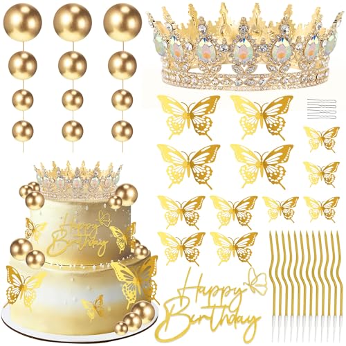 ZOYVUX Birthday Crown Cake Topper, Cake Decorations with Happy Birthday Cake Topper, Balls, Gold Butterflies, Corona Para Pastel for Women, Princess