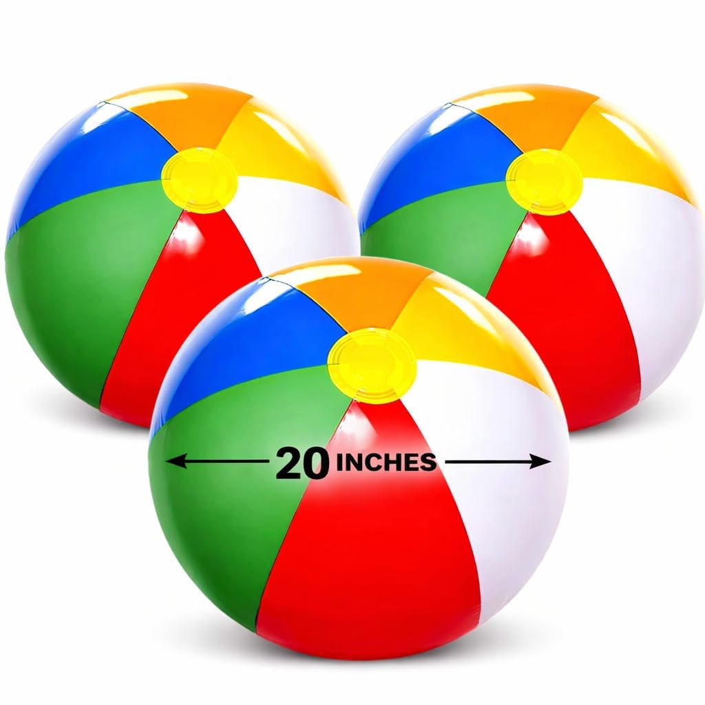 4E's Novelty Beach Balls [6 Pack] 20" Inflatable Beach Balls for Kids - Pool Games Toys for Kids & Adults, Classic Rainbow Color