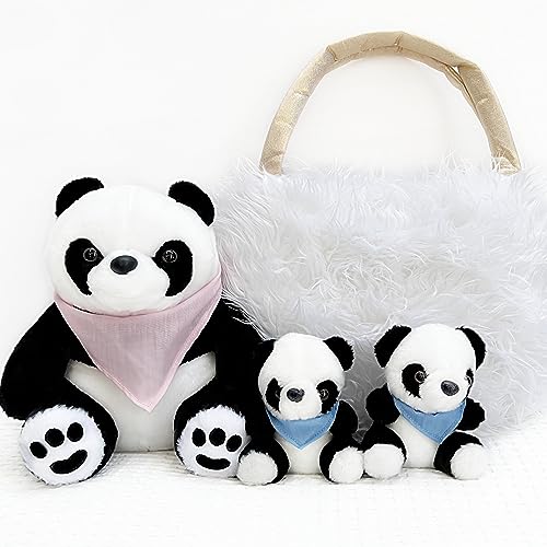 Perfectto Design Panda Stuffed Animal Bear Plush Toy for Girls 5 PCS Set - Mommy, 2 Babies, Bag, Blanket stuffies 3 4 5 Year Old Girl, Little Girls