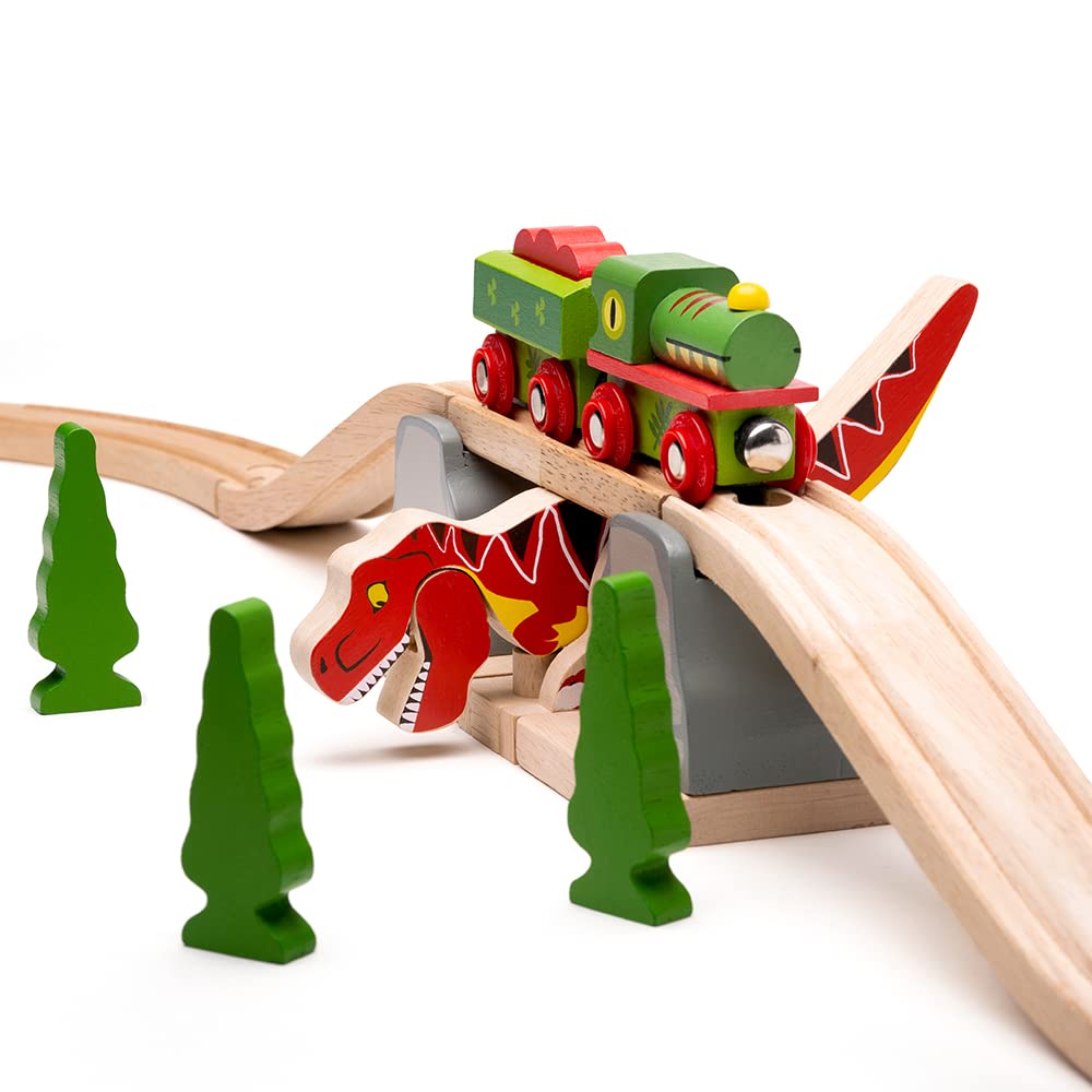 Bigjigs Rail T-Rex Bursting Bridge | Kids Dinosaur Themed Wooden Train Track Accessories | Lifting Bridges with Toy Dinosaurs | Montessori Educational