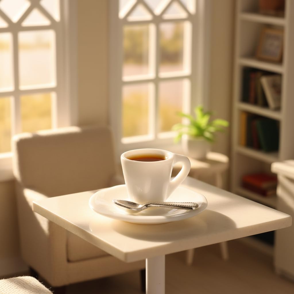 1:12 Scale Miniature Coffee Cup with Spoon and Plate - 1 Set Dollhouse Scene Accessory for DIY Summer Table Setting, Desktop Display, Realistic Resin