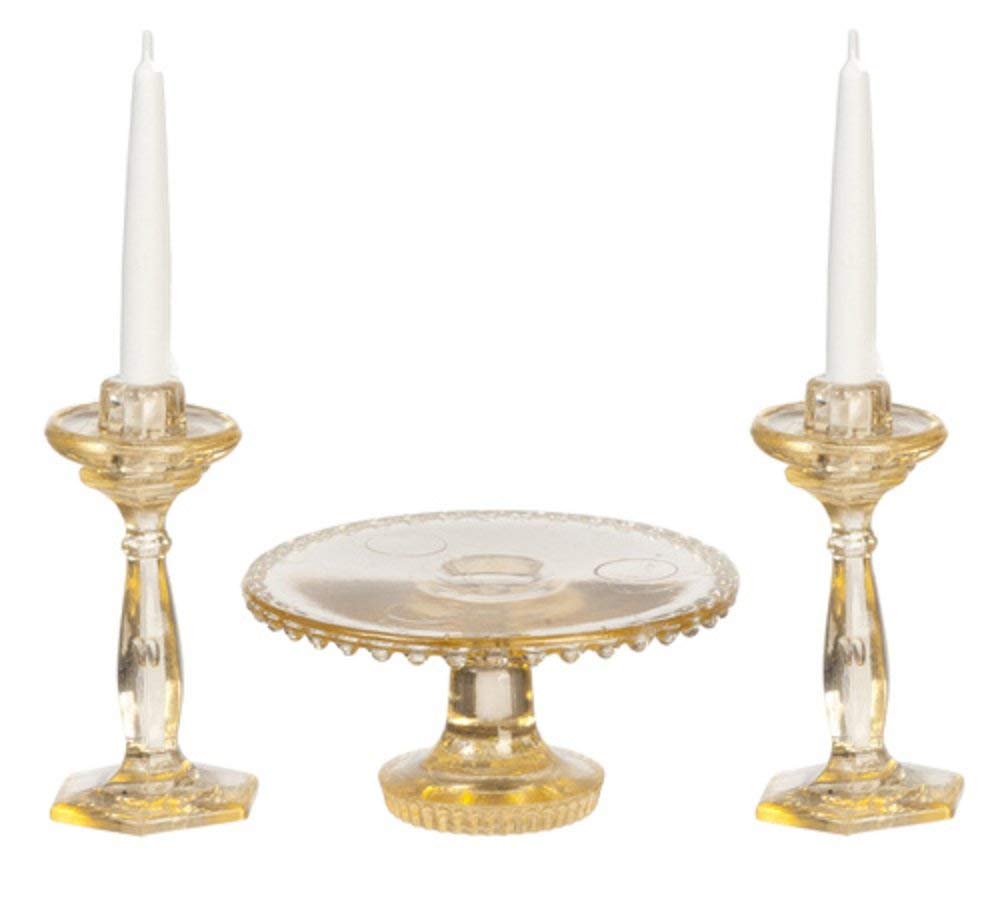 Dollhouse Miniature Chrysnbon Cake Plate with 2 Candlesticks in Amber