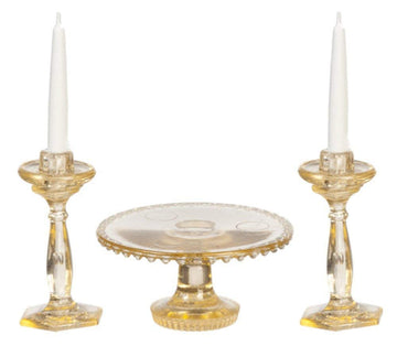 Dollhouse Miniature Chrysnbon Cake Plate with 2 Candlesticks in Amber