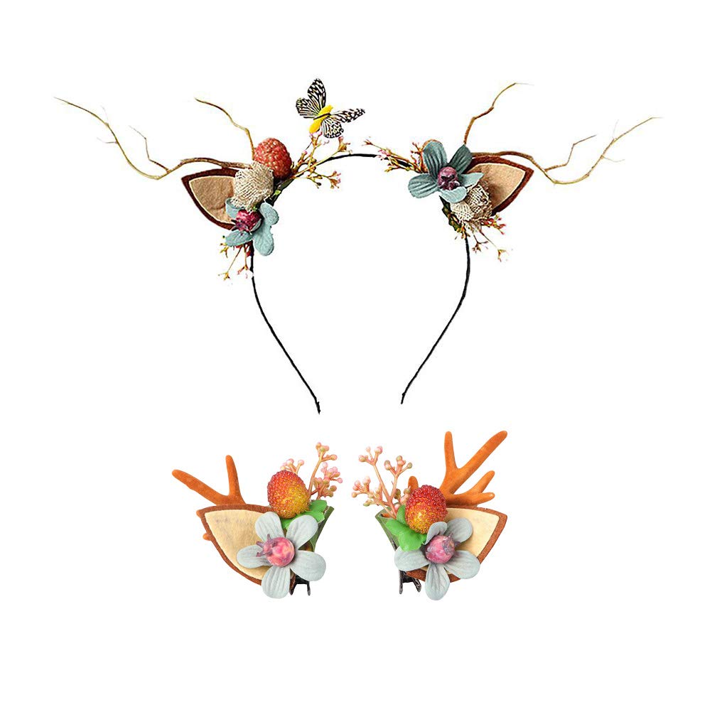 Lurrose 3pcs Reindeer Antlers Headband Christmas Hair Clip Floral Hair Hoop Butterfly Pine Cone Branch Headband for Xmas Holidays Party Cosplay Favors