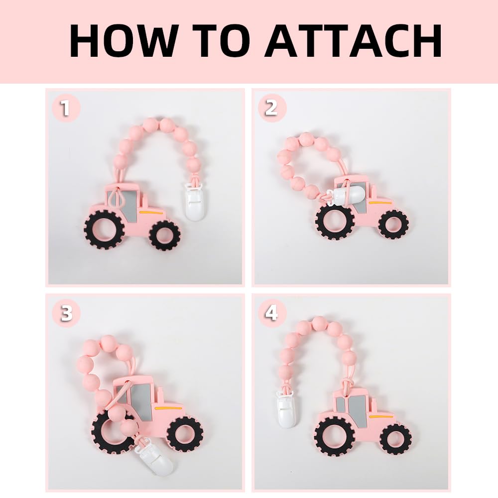 Baby Food Grade Silicone Tractor Truck Teether Toy with One Piece Design Pacifier Clip Holder,Teething Toys Gift Set for 3 Months+ Boys