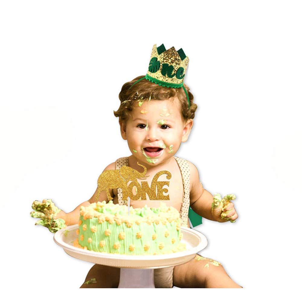 Ullovit First 1st Birthday Crown for Baby Boys Prince, Sparkle Gold Green Wild One Birthday Hat Headband Cake Smash Photo Decoration by Moonlightgo