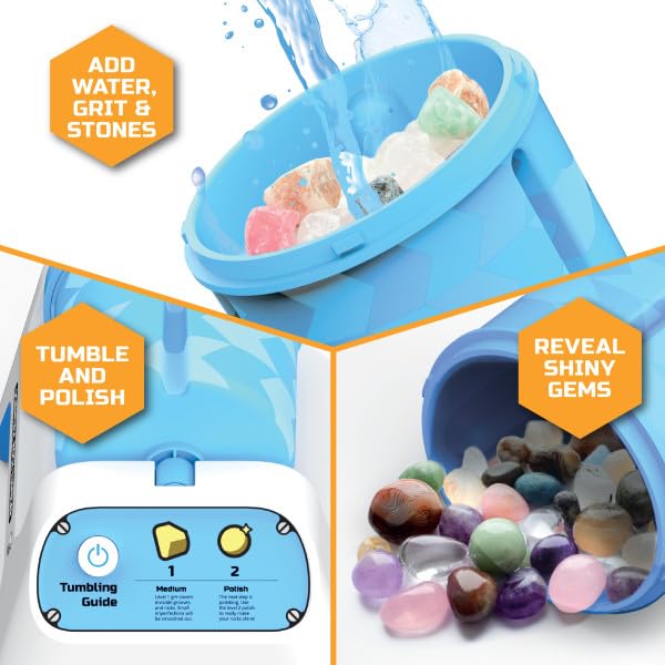 Discovery™ Rock Tumbler Starter Kit - Stone Polishing Set with Rocks, Grit, Gem Case| STEM Science Project Kit for Kids & Beginners| Cool Toy for Boys