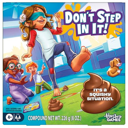 Hasbro Gaming Don't Step in It Preschool Game I Blindfolded, Poop Party Game | Spinner with 8 Fun Animal Moves | Ages 4+| 1+ Players I Funny Kids
