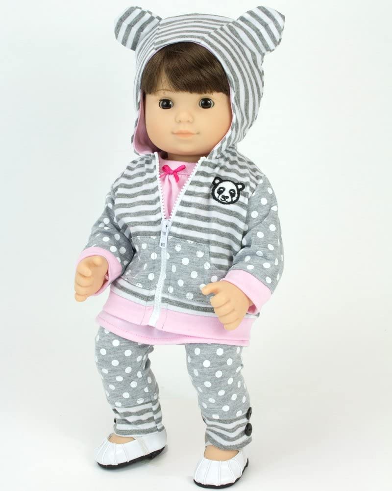 Sophia's Baby Doll Outfit Includes Panda Bear Hooded Sweatshirt, Pink Tunic, and Gray Polka Dot Leggings 3 Piece Set for 15" Dolls, Pink/Gray