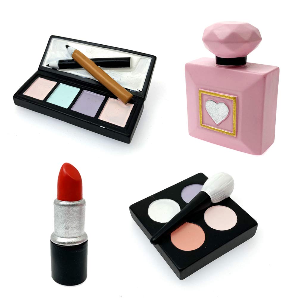 MEMOVAN Makeup Cake Topper 4 Pack, Resin Cosmetics Lipstick Perfume Bottle Eye Shadow Blush Make up Cake Decorations for Bridal Shower Bachelorette