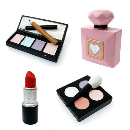 MEMOVAN Makeup Cake Topper 4 Pack, Resin Cosmetics Lipstick Perfume Bottle Eye Shadow Blush Make up Cake Decorations for Bridal Shower Bachelorette