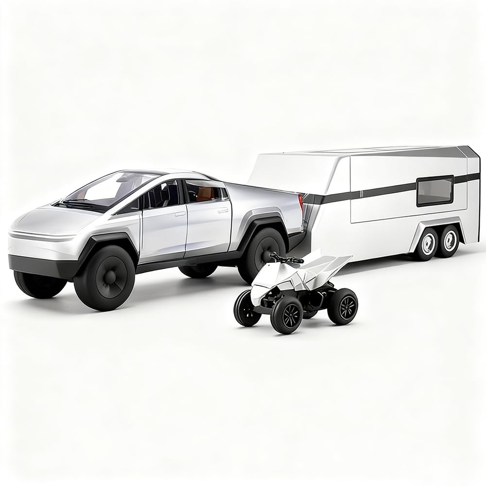 Toy Cyber Pickup Truck with RV and Motorcycle Model Car Diecast Toy Pickup for Kids Boys Girls 3+ Years - Electric Metal Drivable Truck with Sound
