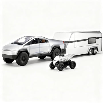 Toy Cyber Pickup Truck with RV and Motorcycle Model Car Diecast Toy Pickup for Kids Boys Girls 3+ Years - Electric Metal Drivable Truck with Sound