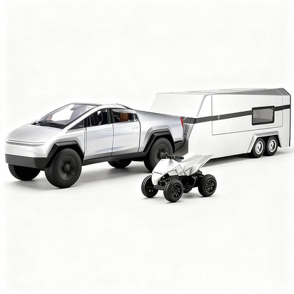 Toy Cyber Pickup Truck with RV and Motorcycle Model Car Diecast Toy Pickup for Kids Boys Girls 3+ Years - Electric Metal Drivable Truck with Sound