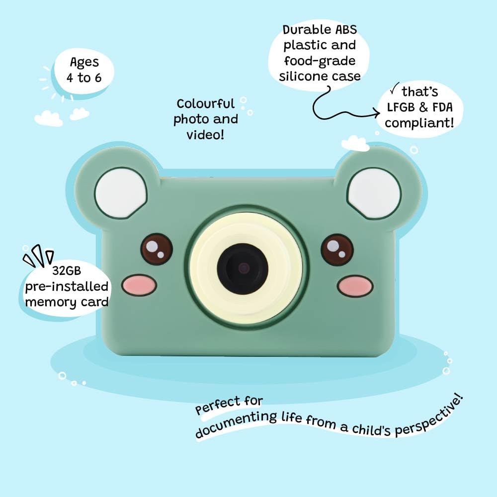 kiimento Kids Digital Camera & Video Camcorder, Soft BPA-Free Silicone Casing, 32GB Memory Card - Model C - Mikayo The Bear