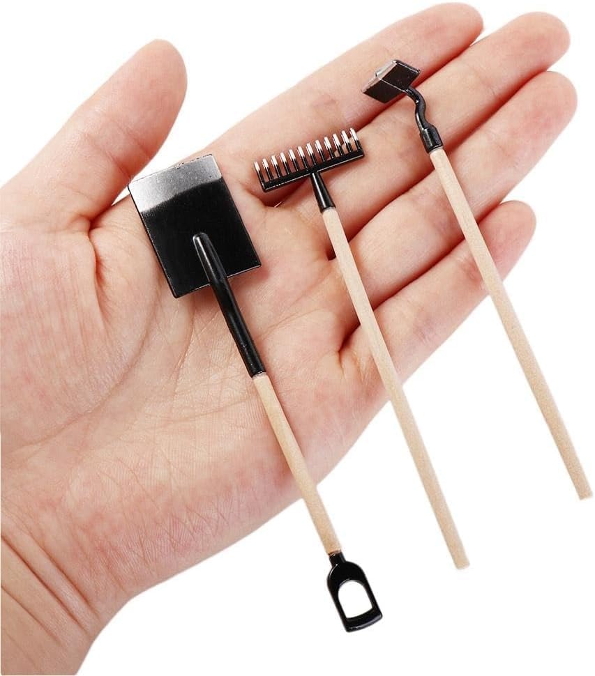 3 Pcs Red Miniature Garden Tools 1:12 Mini Shovels and Rake Farm Tools Fairy Garden Dollhouse Accessories Furniture Toy Sets