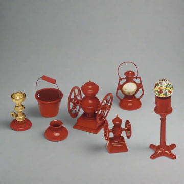 Miniature Red Metal Dollhouse Collection. Lantern, Gumball Machine, Bucket, Candlestick. Coffee Grinder. Set of 6 Shadowbox