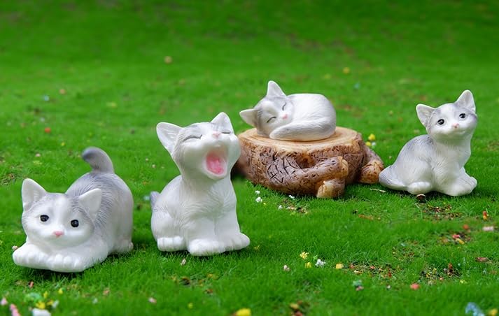 4 Pcs Mini Gray Cat Figurines in Different Poses - Cute Resin Kittens for Fairy Garden Accessories, DIY Terrarium Crafts, Moss Landscapes, Home