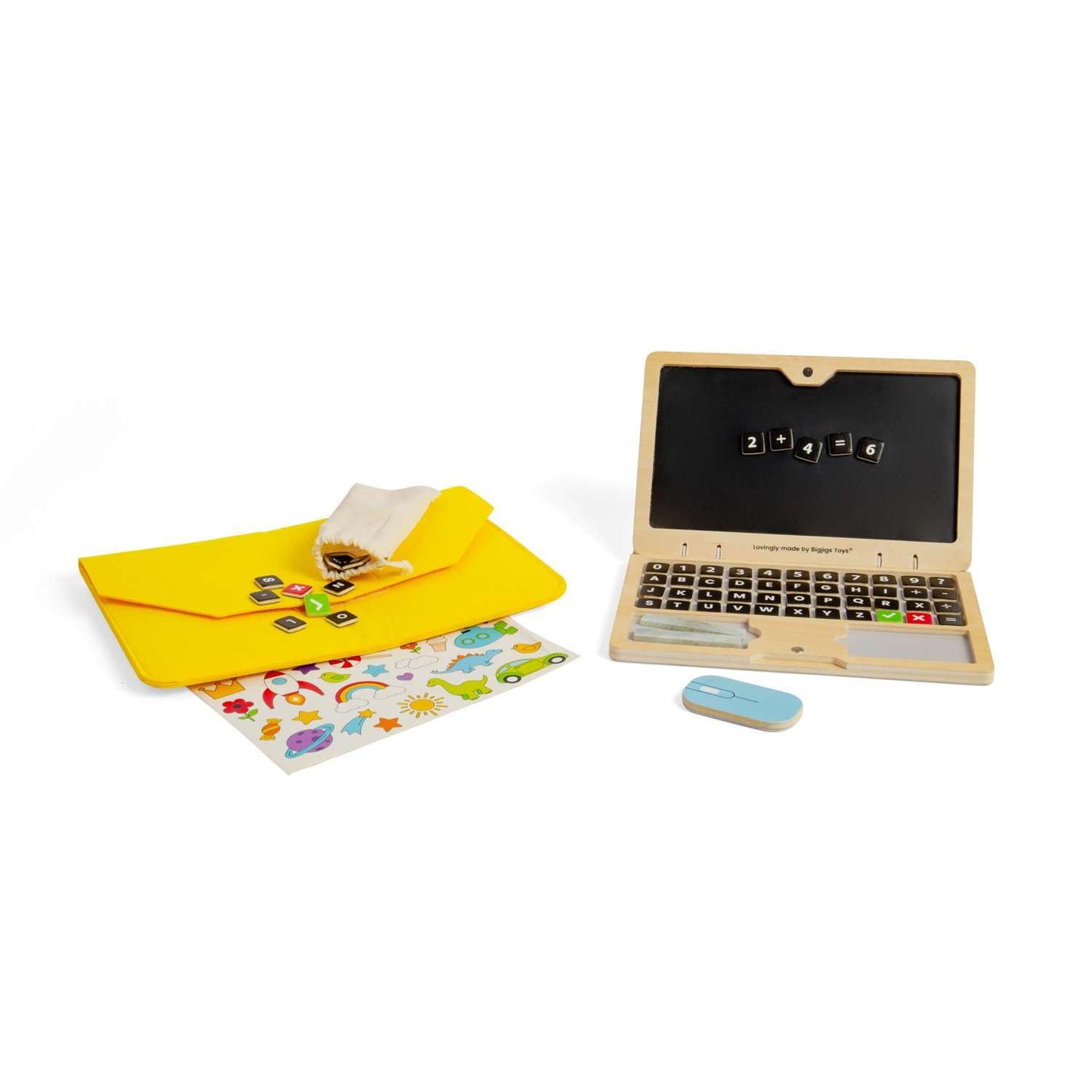Bigjigs Toys Tech Set - 95 Pcs Wooden Laptop Toys with Chalkboard Screen, Fantasy Play Sets and Accessories for Toddlers and Kids, Kindergarten, Early