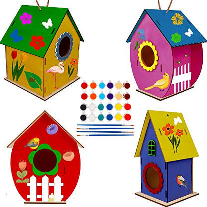 Glintoper Art Craft Wood Toys for Kids, 4 Pack DIY Bird House Kit Painting Puzzle DIY Wooden Assembly, Build and Paint Birdhouse, Include Paints
