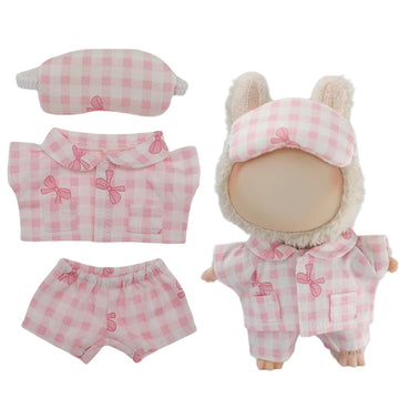 Clothes for Labubu Soft Cotton Cute Pajama Design 3-Piece Set,Plaid Top,Pants & Eye Mask,Perfect for 17cm Dolls(No Doll) (Pink)