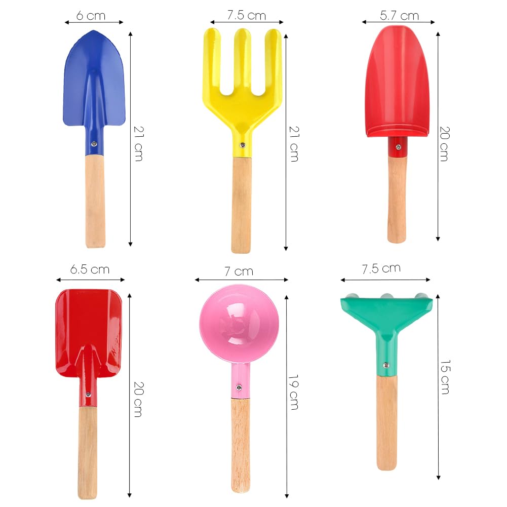 UMUACCAN Beach Toys for Kids,Beach Sand Toys, 8'' Metal Sandbox Toys with Sturdy Wooden Handle,Safe Beach Gardening Set,Spoon, Fork, Trowel, Rake