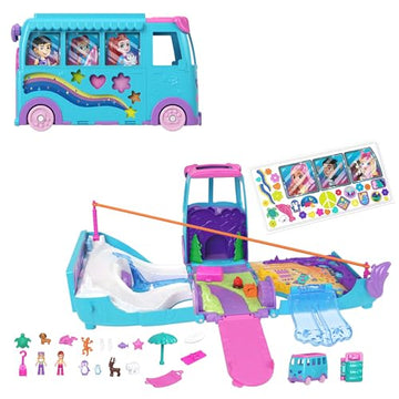 Polly Pocket Micro Dolls and Transforming Camper Van Vehicle, Accessories Include Pets and Toy Car, Pet Mobile Adventure Playset