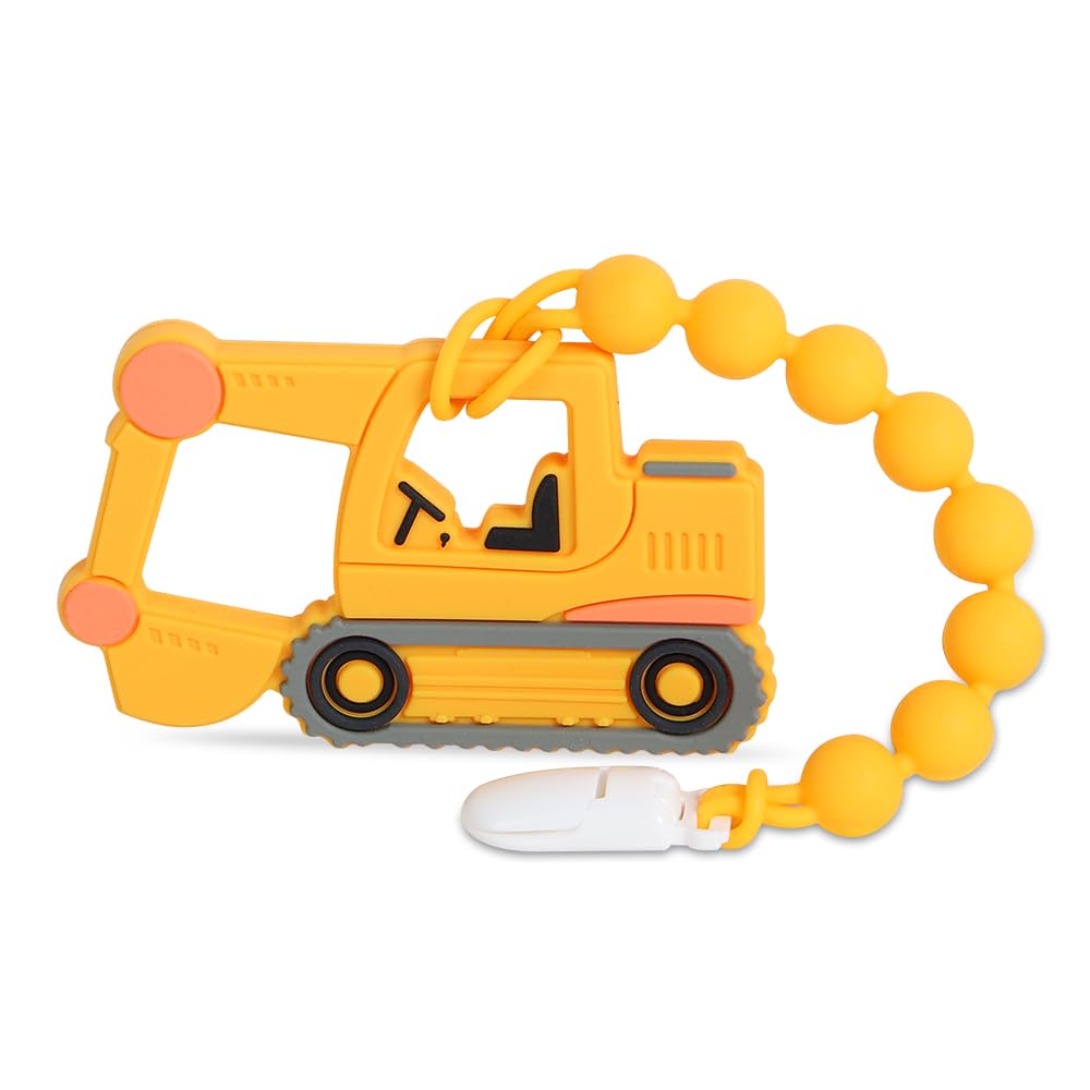 Baby Construction Vehicles Teething Toys,Food Grade Silicone Teether with One-Piece Pacifier Clip Holder,Best Shower Gift for 3 Months+ Boy