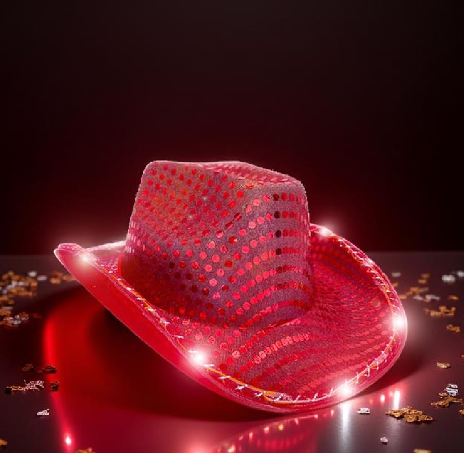 YADIRF Led Hat Cowboy Sequin Party Cap Flashing Light Up Dance Party Cowboy For Halloween Costume Cosplay Holiday (Red)